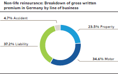 Non-life reinsurance: Breakdown of gross written premium in Germany by line of business (pie chart)