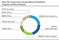 Non-life reinsurance: Geographical breakdown of gross written premium (pie chart)