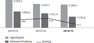 Eigenkapital, Nettoverschuldung in Mio. EUR<br />
Gearing in %