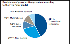 Breakdown of gross written premium according
to the Five Pillar model (pie chart)