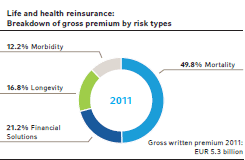 Life and health reinsurance: Breakdown of gross premium by risk types (pie chart)