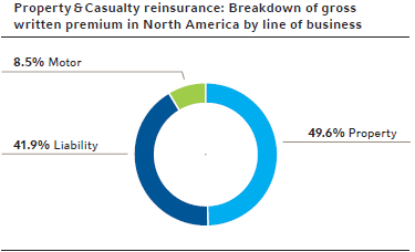 Property & Casualty reinsurance: Breakdown of gross
written premium in North America by line of business